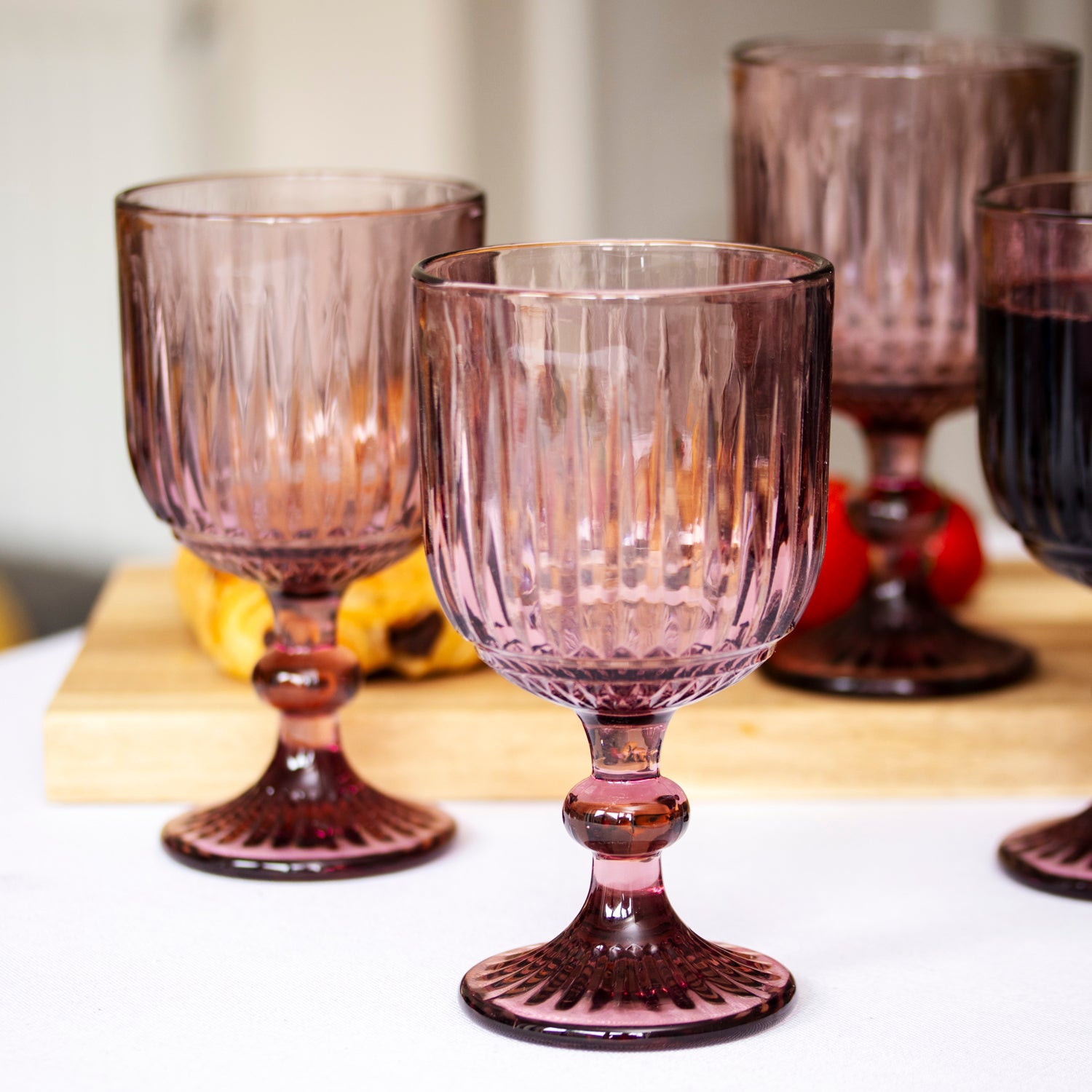 Set Of 4 Ridged Glass Wine Goblets