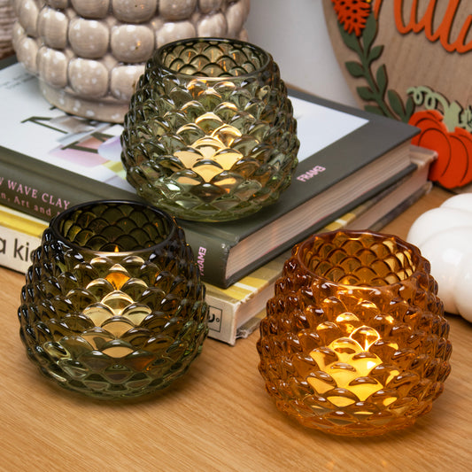 Set Of 3 Pinecone Glass Tea Light Holders