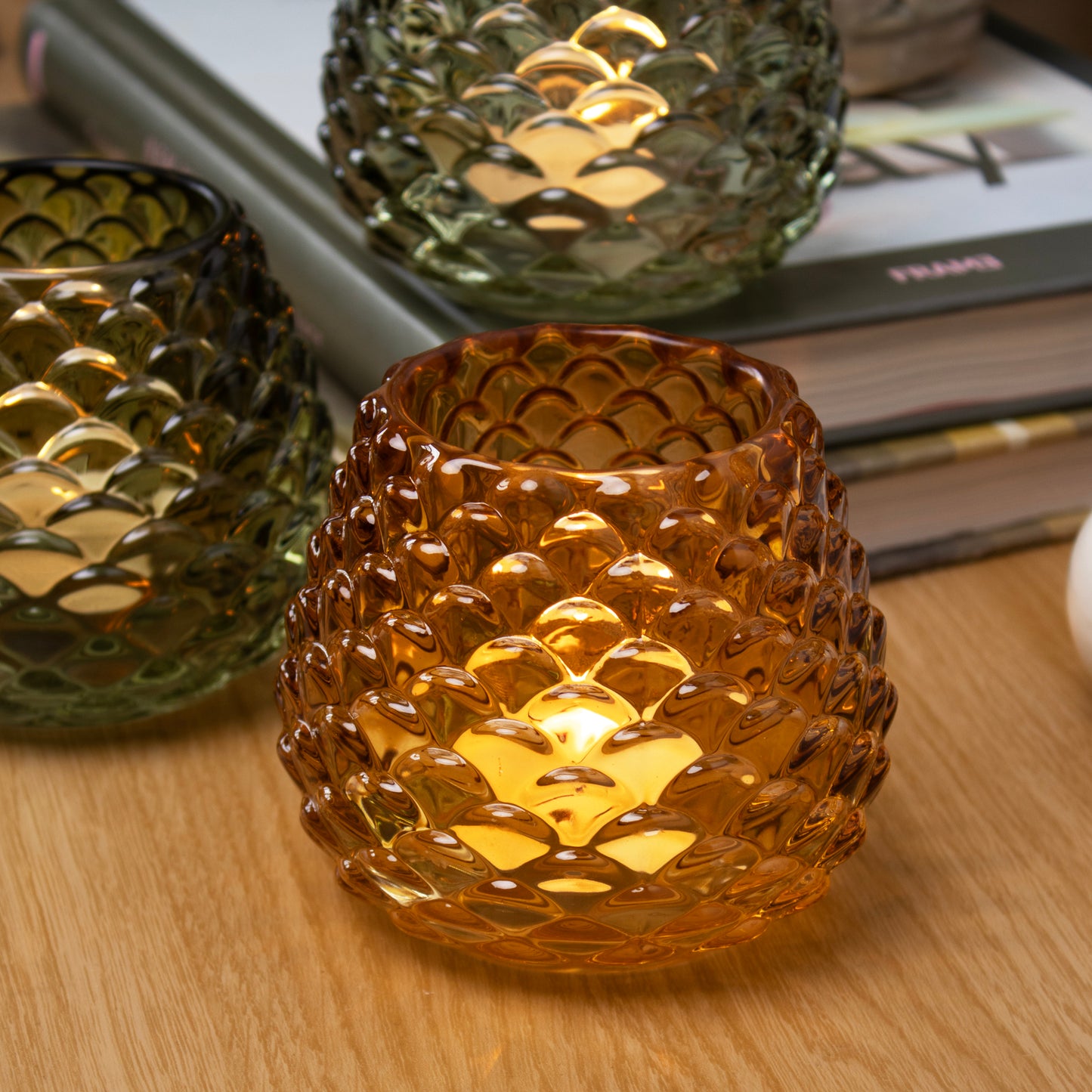 Set Of 3 Pinecone Glass Tea Light Holders