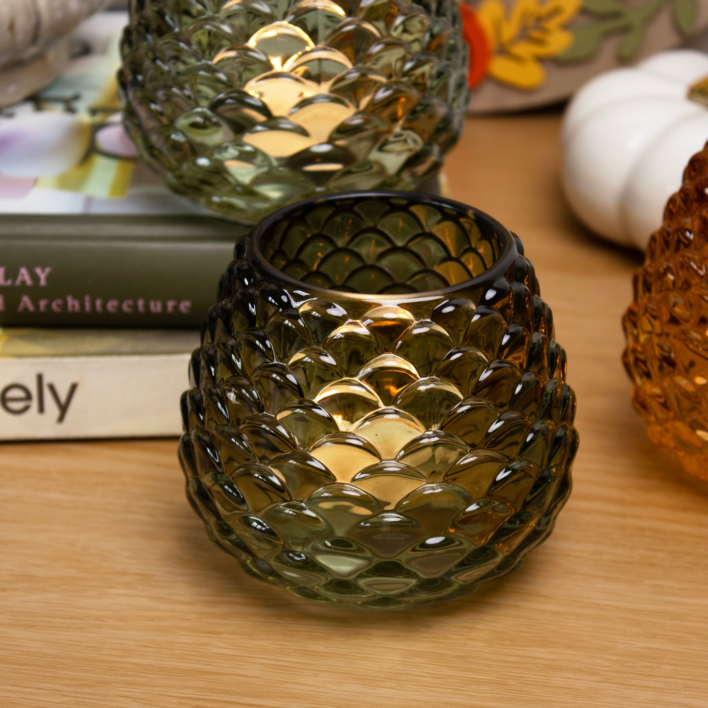 Set Of 3 Pinecone Glass Tea Light Holders