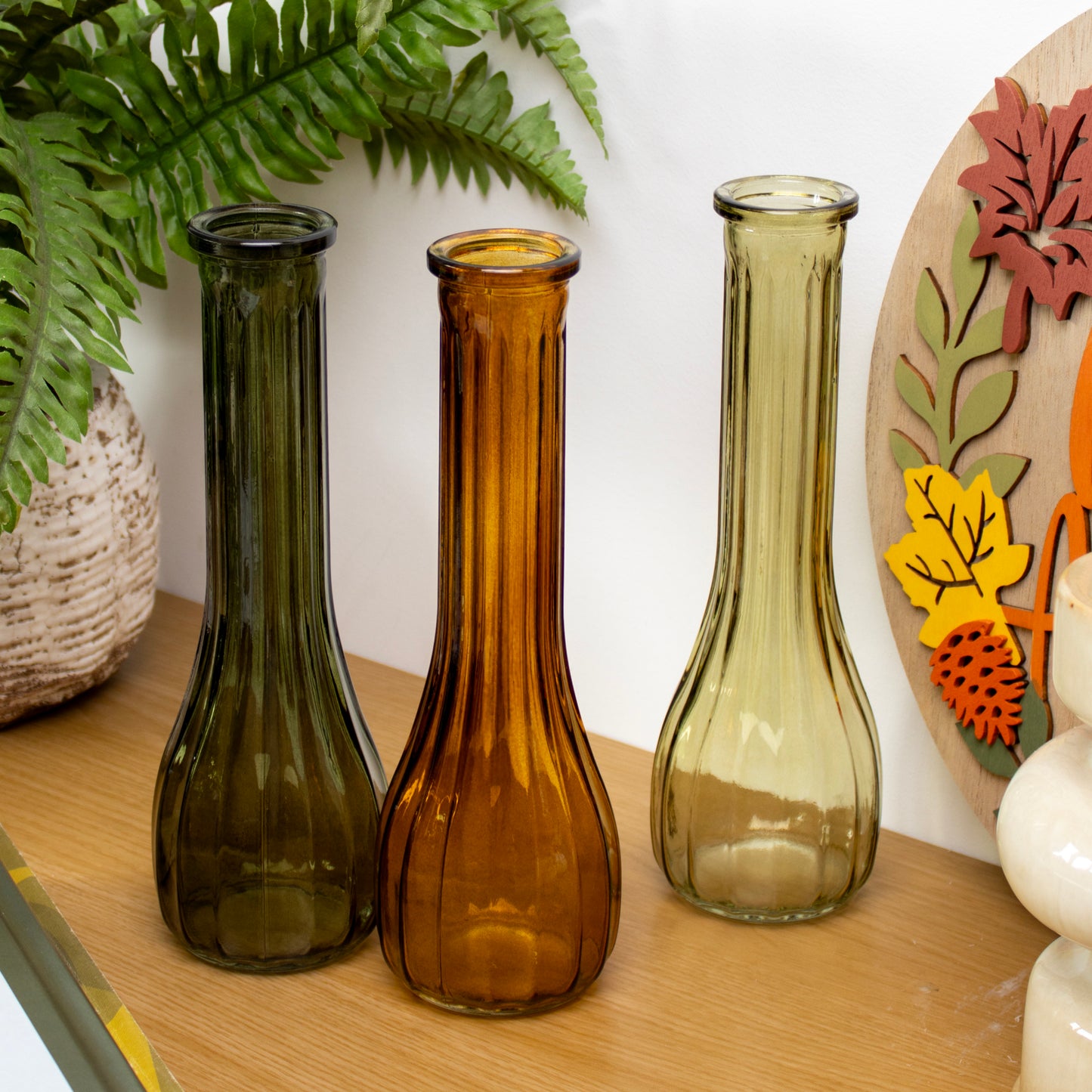 Set Of 3 Woodland Ribbed Glass Vases