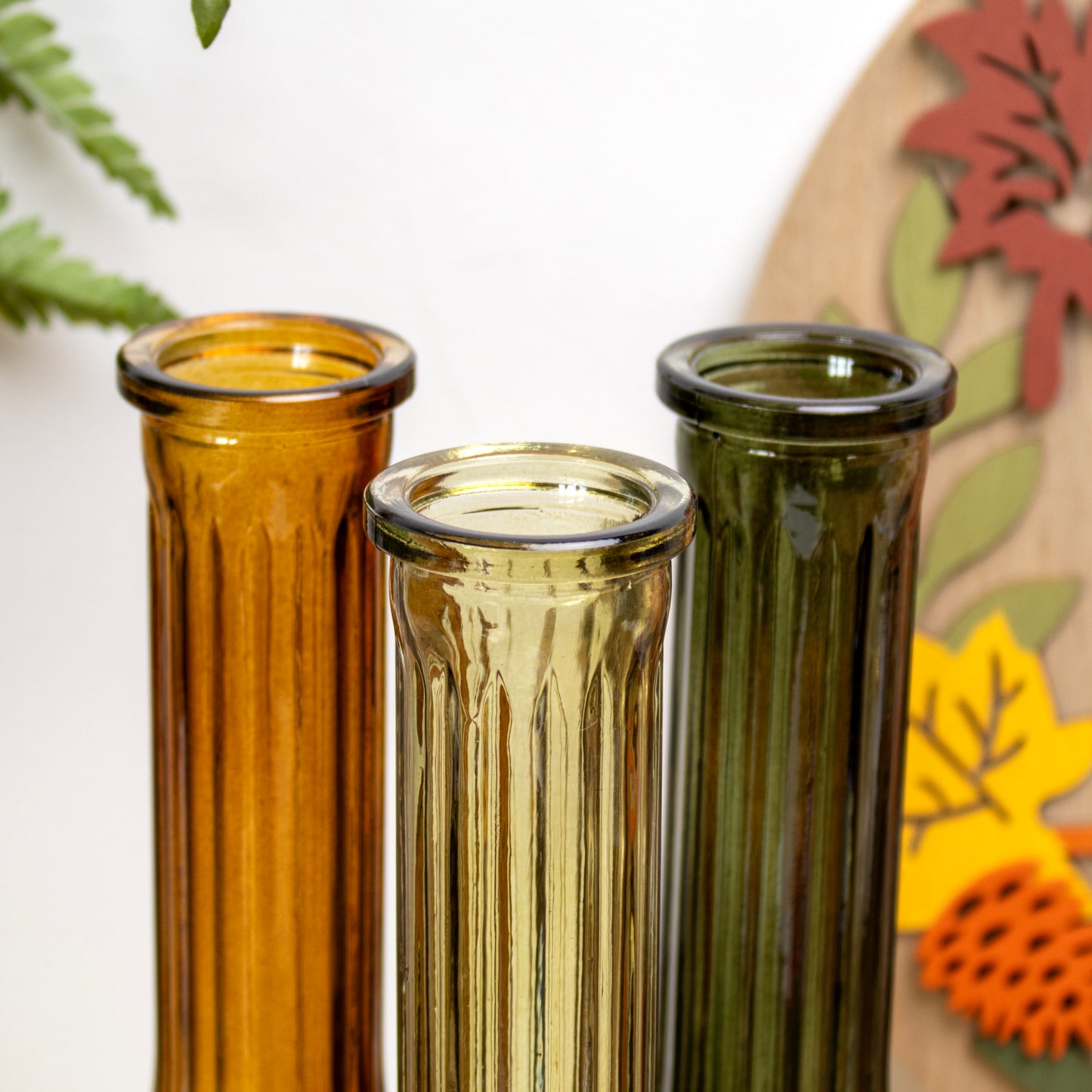 Set Of 3 Woodland Ribbed Glass Vases