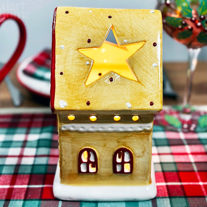 Tall Yellow Christmas House Candle Holder