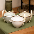Set Of 3 Neutral Reactive Glaze Soup Bowls With Lid & Spoon