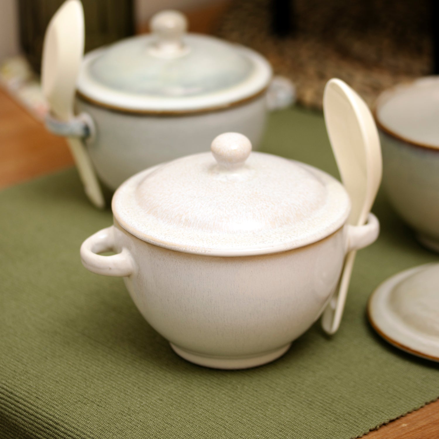Set Of 3 Neutral Reactive Glaze Soup Bowls With Lid & Spoon