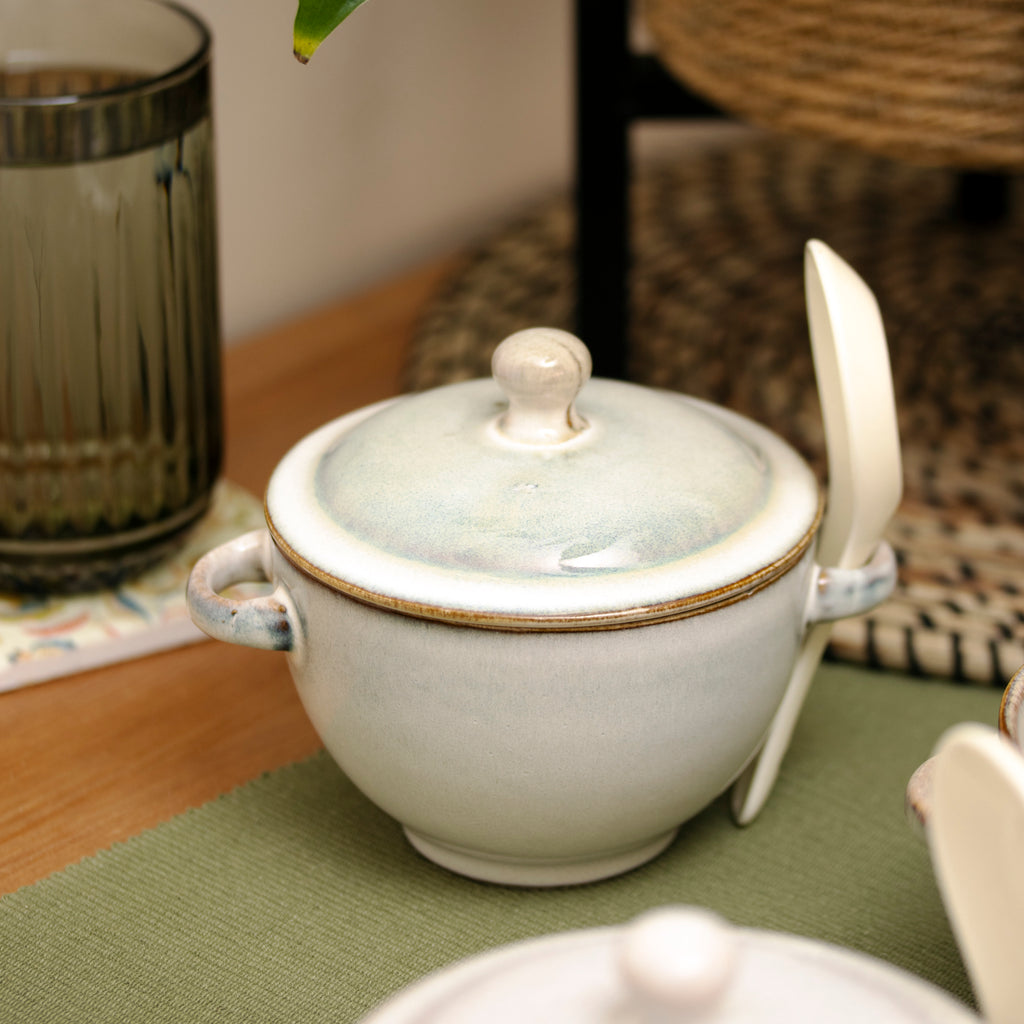 Set Of 3 Neutral Reactive Glaze Soup Bowls With Lid & Spoon