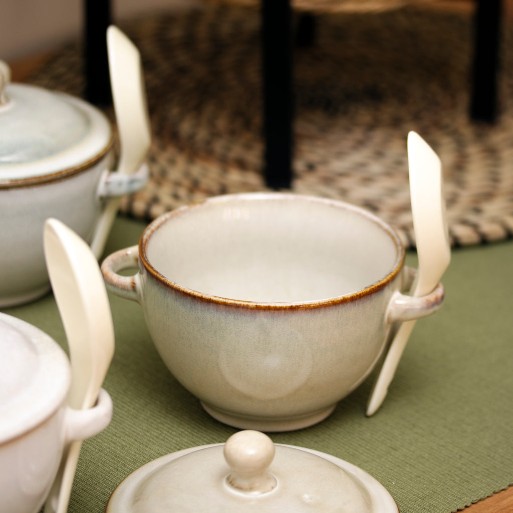 Set Of 3 Neutral Reactive Glaze Soup Bowls With Lid & Spoon