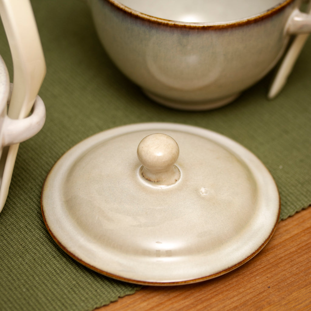Set Of 3 Neutral Reactive Glaze Soup Bowls With Lid & Spoon