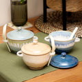 Set Of 3 Coastal Reactive Glaze Soup Bowls With Lid & Spoon