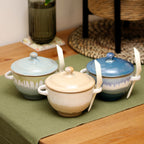 Set Of 3 Coastal Reactive Glaze Soup Bowls With Lid & Spoon