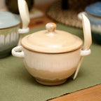 Set Of 3 Coastal Reactive Glaze Soup Bowls With Lid & Spoon