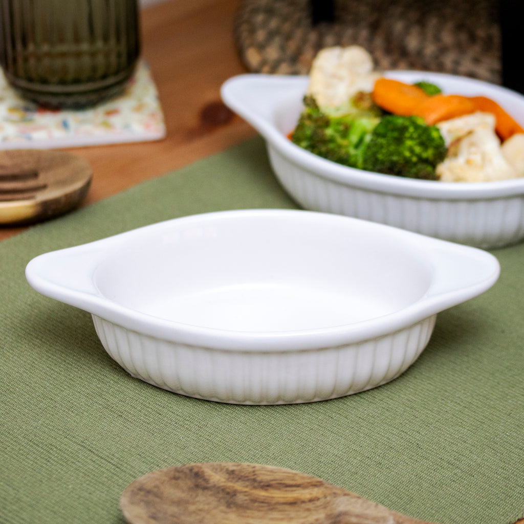 Set Of 2 Small Oval White Ribbed Roasting Dishes