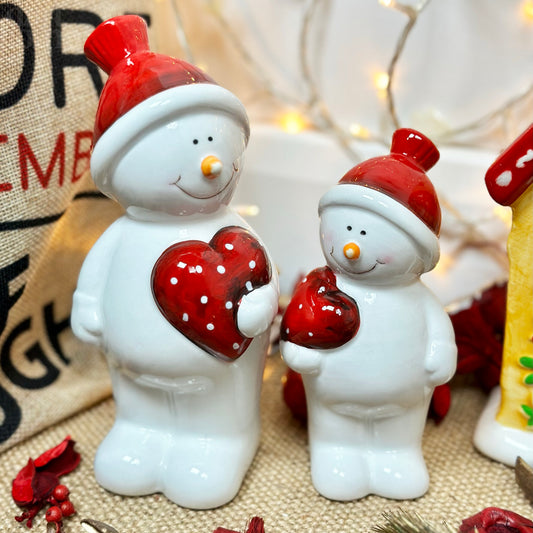 Set Of 2 Love Heart Snowman Figurines