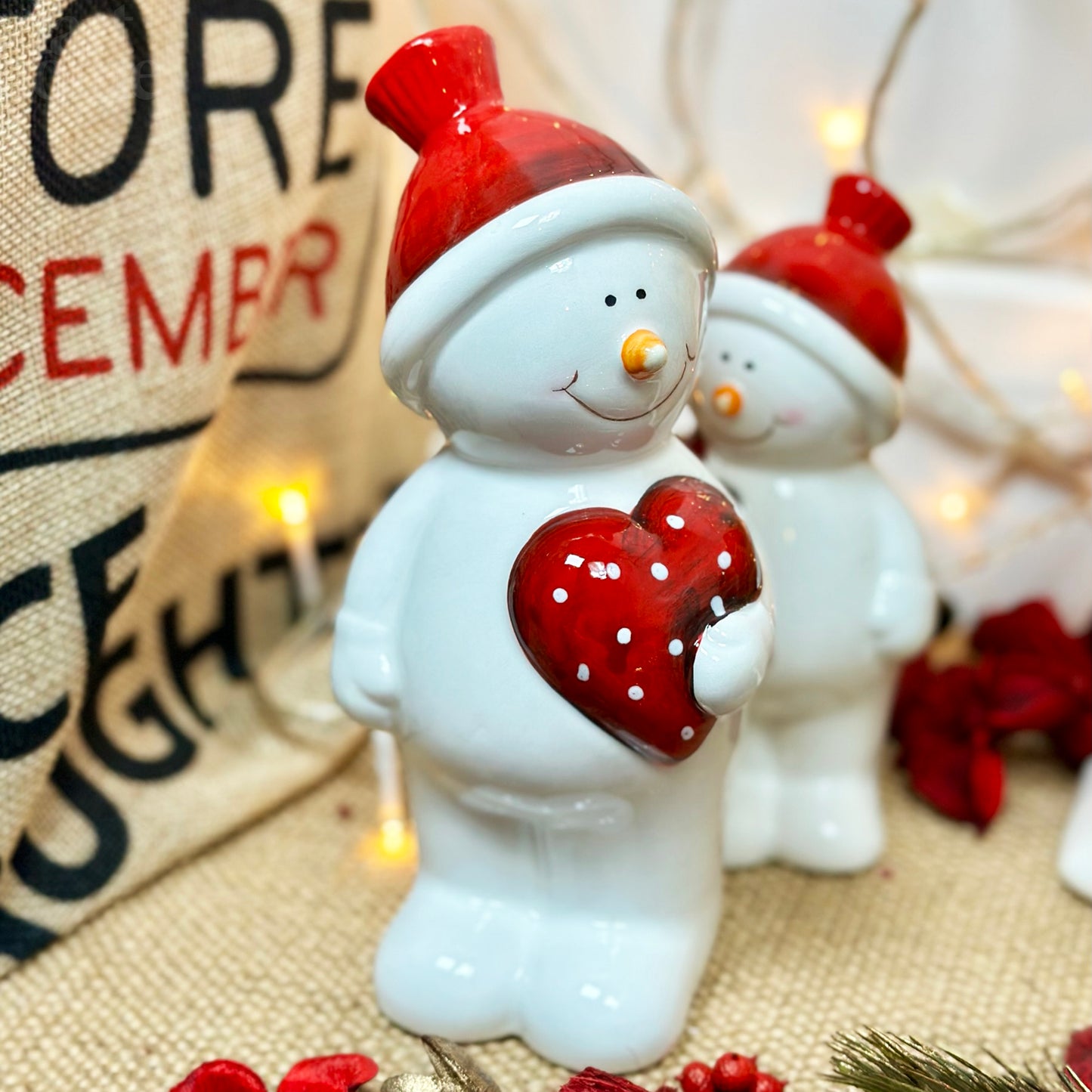 Set Of 2 Love Heart Snowman Figurines