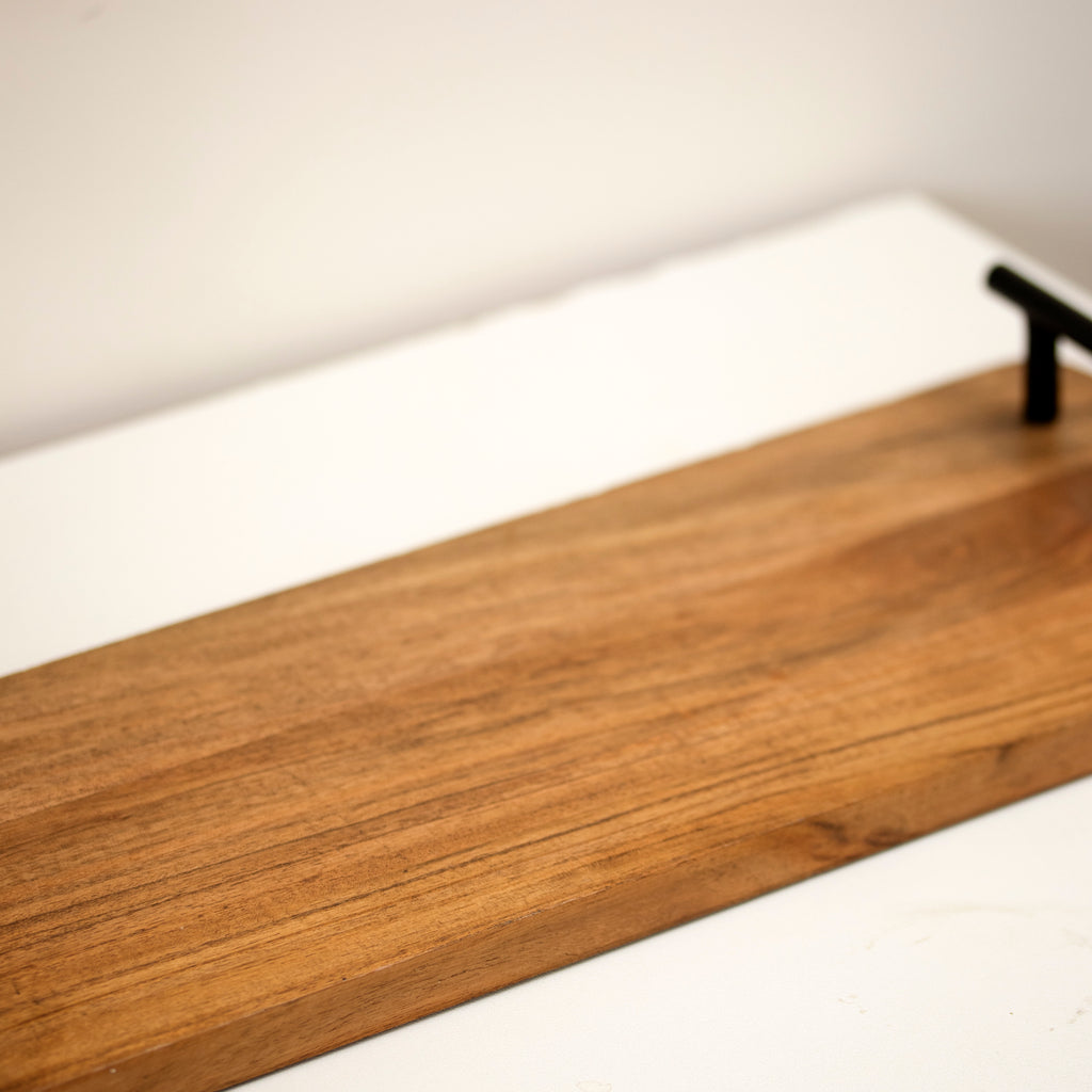 Set Of 2 Wood Serving Trays With Black Metal Handles