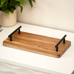Set Of 2 Wood Serving Trays With Black Metal Handles