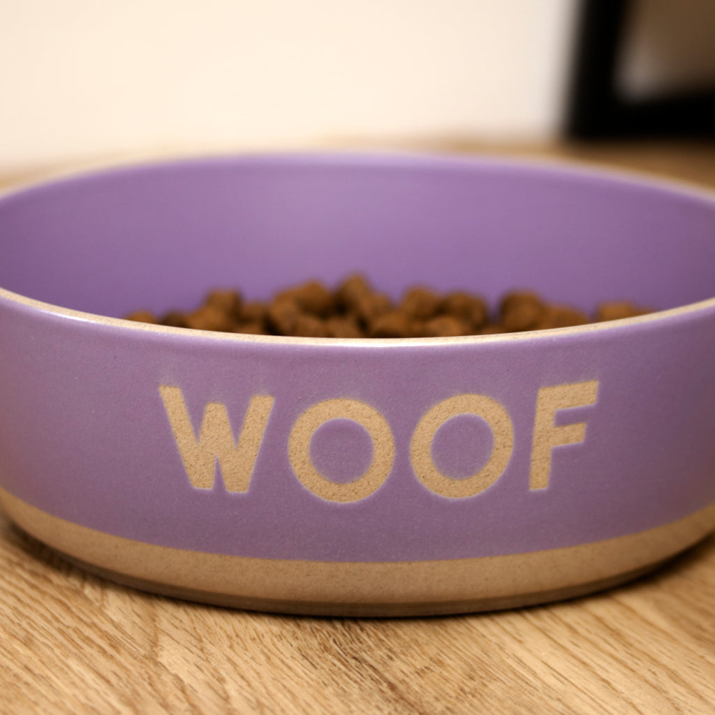 Set Of 2 Purple & White Woof Dog Bowls