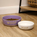 Set Of 2 Purple & White Woof Dog Bowls