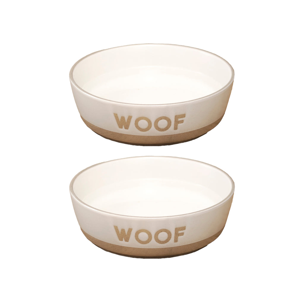 Set Of 2 White Woof Dog Bowls