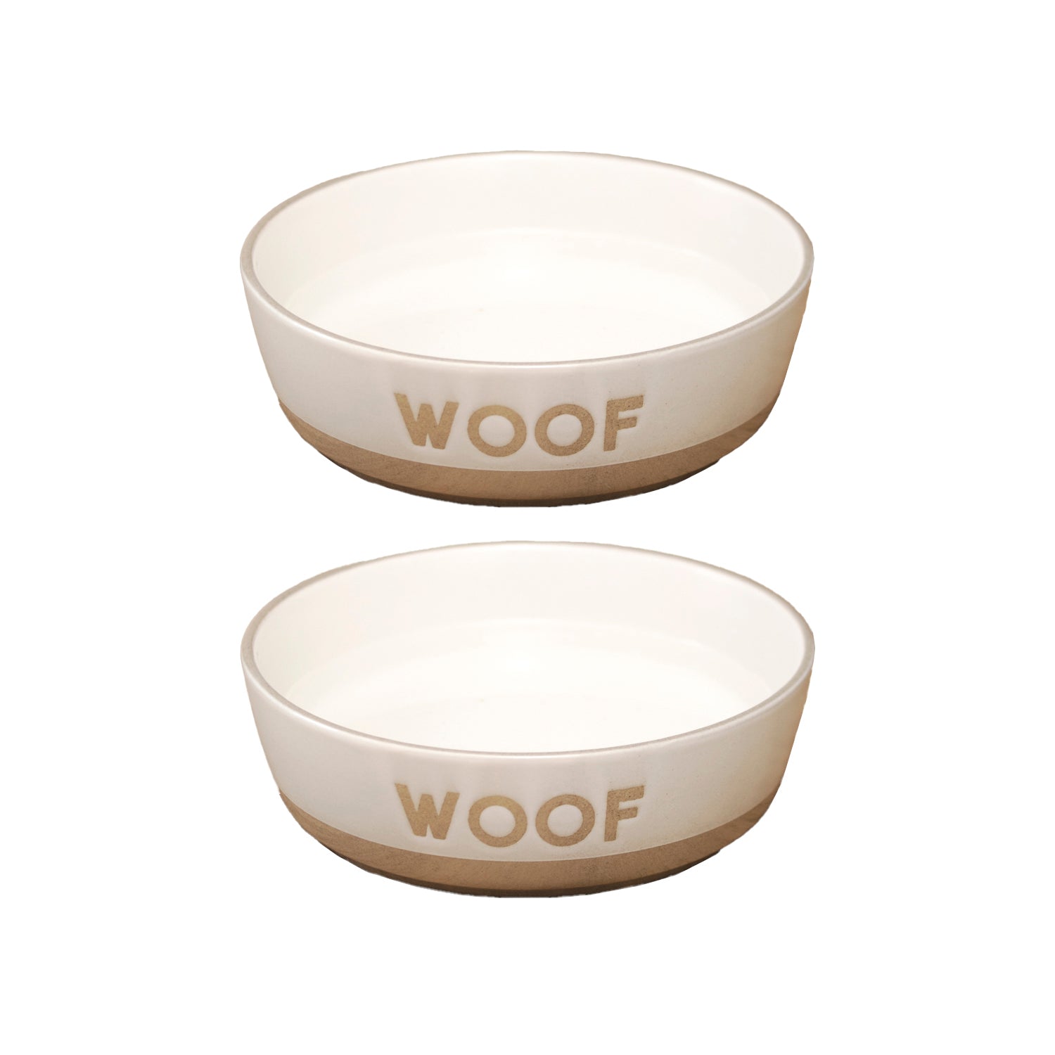 Set Of 2 White Woof Dog Bowls