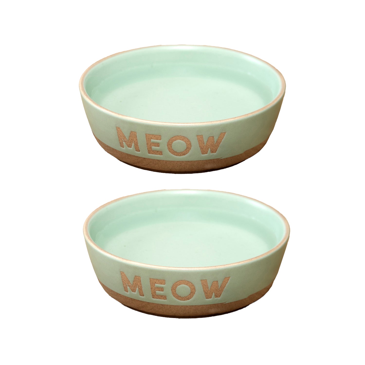 Set Of 2 Small Green Meow Cat Bowls