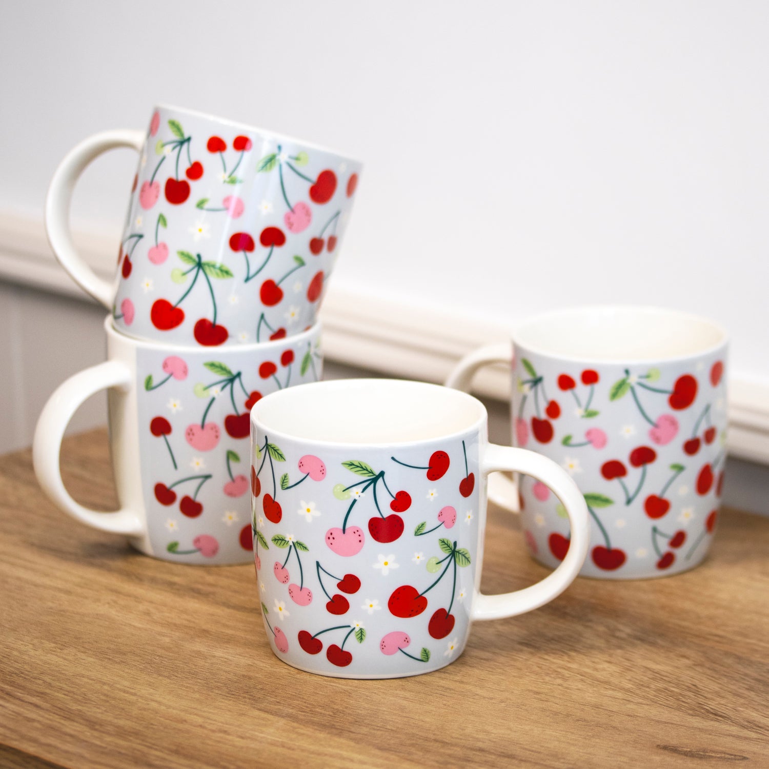 Set Of 4 Juicy Cherries Fine China Mugs