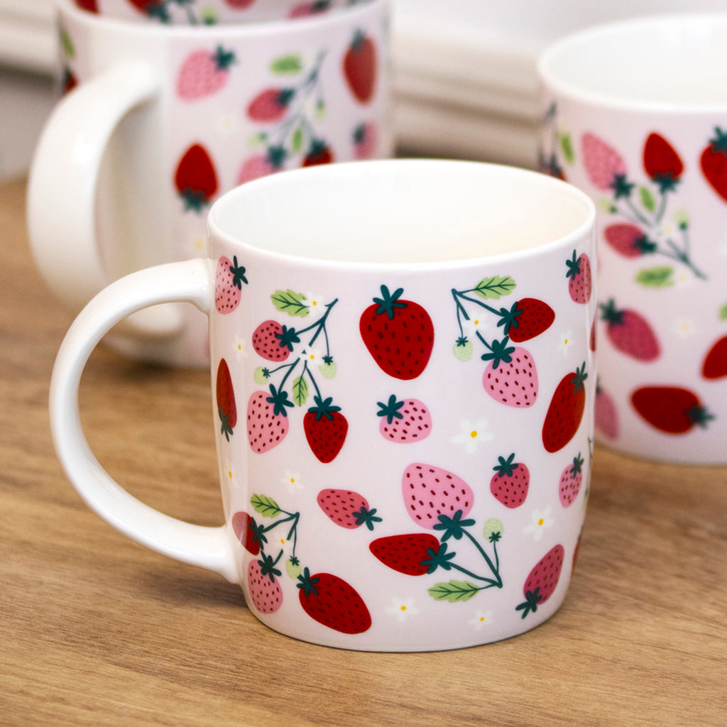 Set Of 4 Juicy Strawberries Fine China Mugs