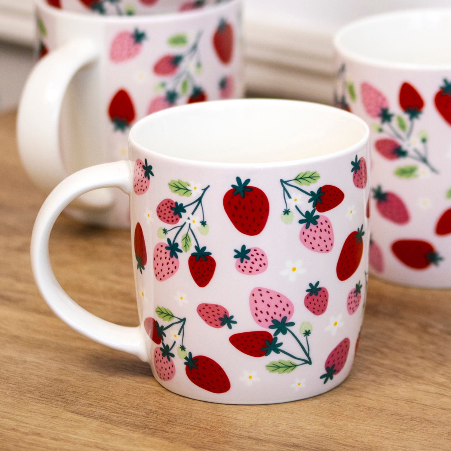 Set Of 4 Juicy Strawberries Fine China Mugs