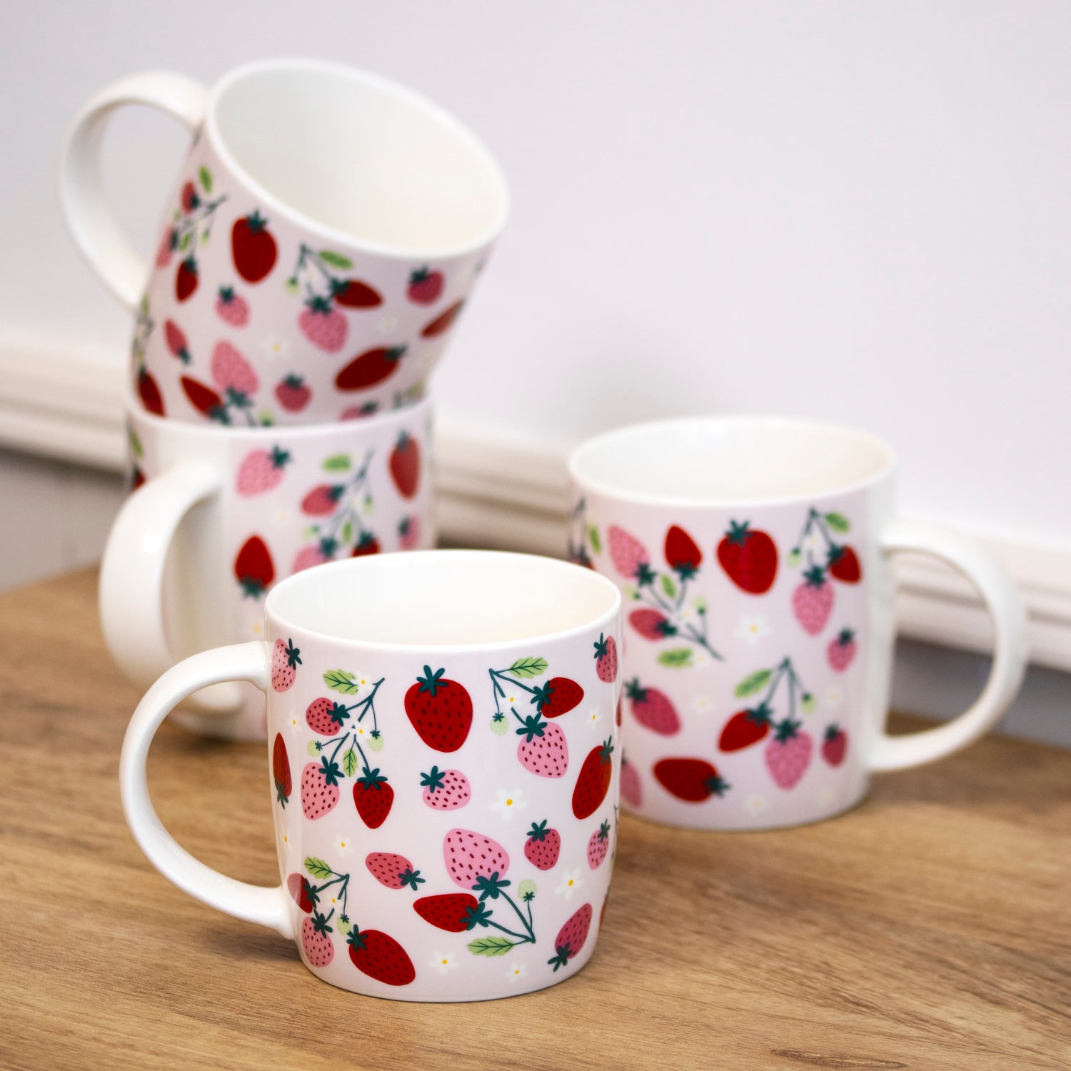 Set Of 4 Juicy Strawberries Fine China Mugs