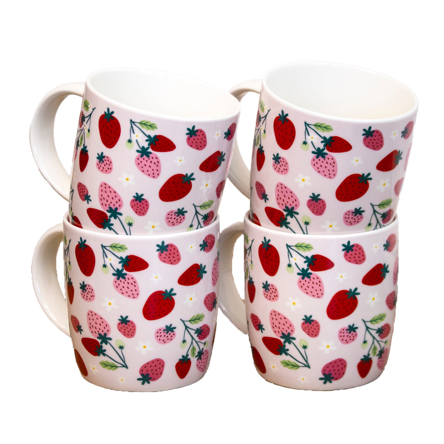 Set Of 4 Juicy Strawberries Fine China Mugs