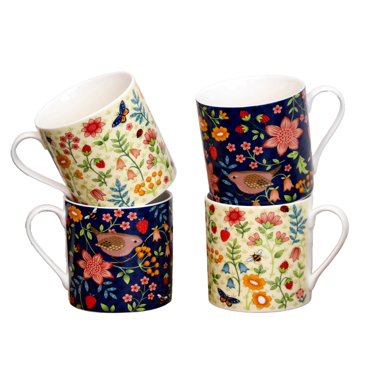 Set Of 4 Wild Flower Fine China Mugs