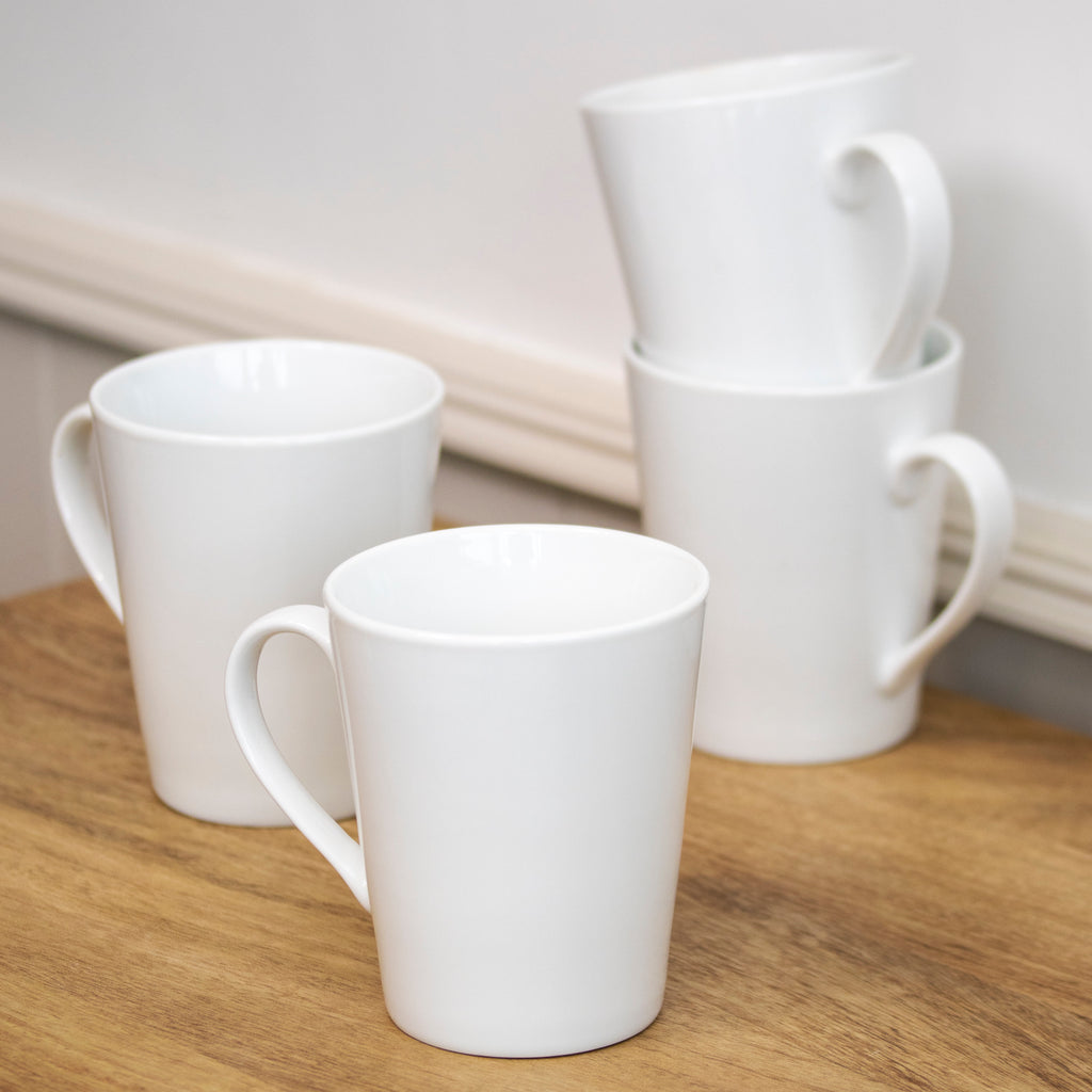 Set Of 4 White Porcelain Conical Mugs 350ml