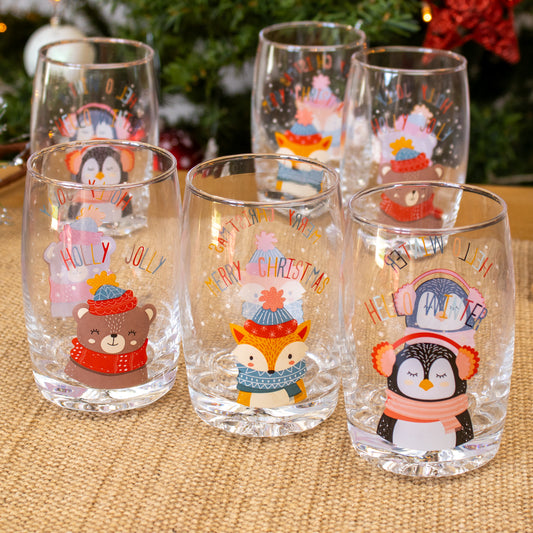 Set of 6 Glass Winter Wonderland Animal Tumblers