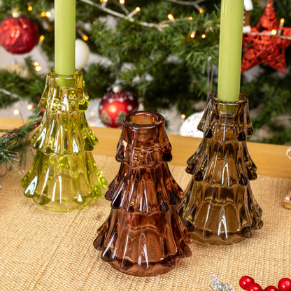 Set Of 3 Christmas Tree Glass Candlestick Holders