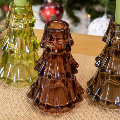 Set Of 3 Christmas Tree Glass Candlestick Holders