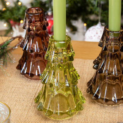 Set Of 3 Christmas Tree Glass Candlestick Holders