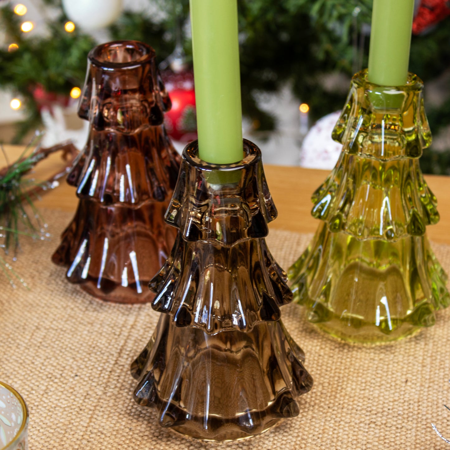 Set Of 3 Christmas Tree Glass Candlestick Holders