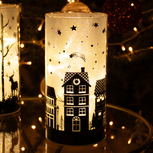 Christmas Houses Silhouette LED Glass Lantern