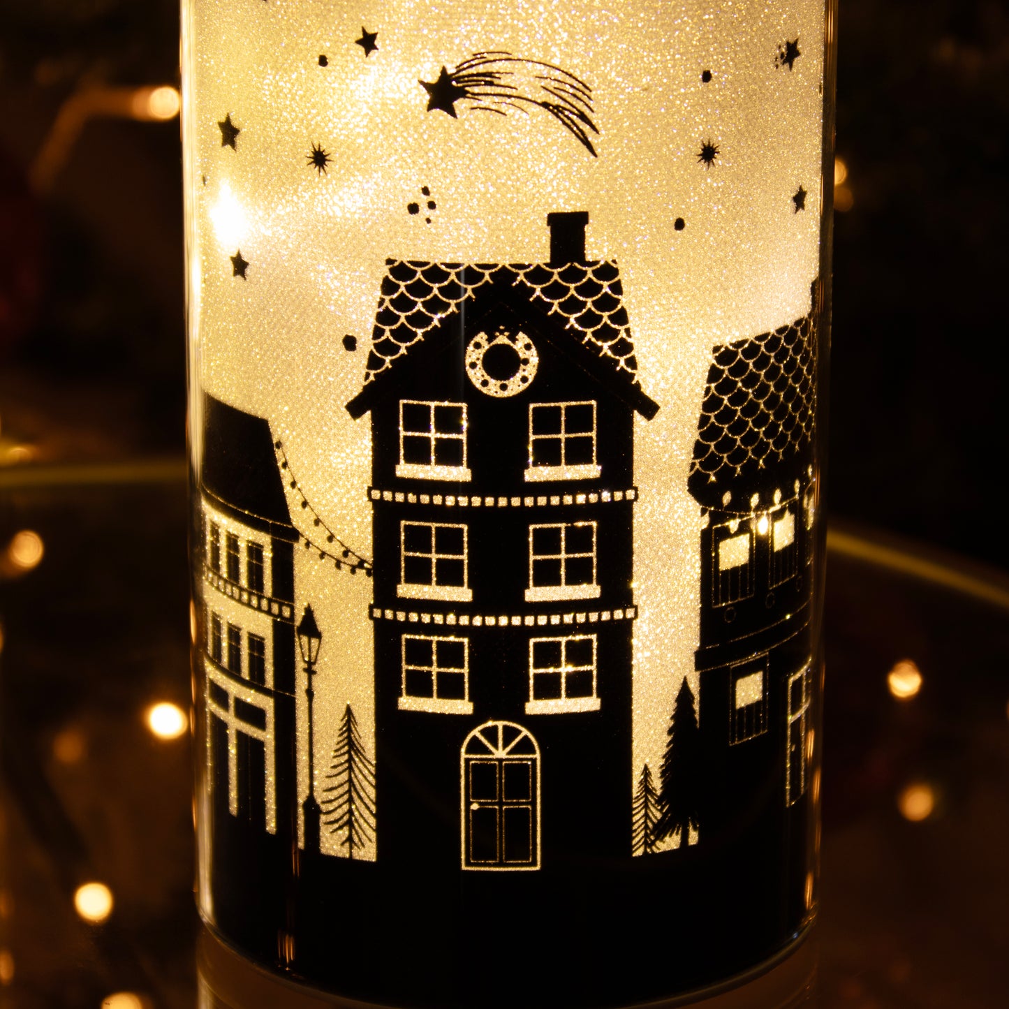 Christmas Houses Silhouette LED Glass Lantern