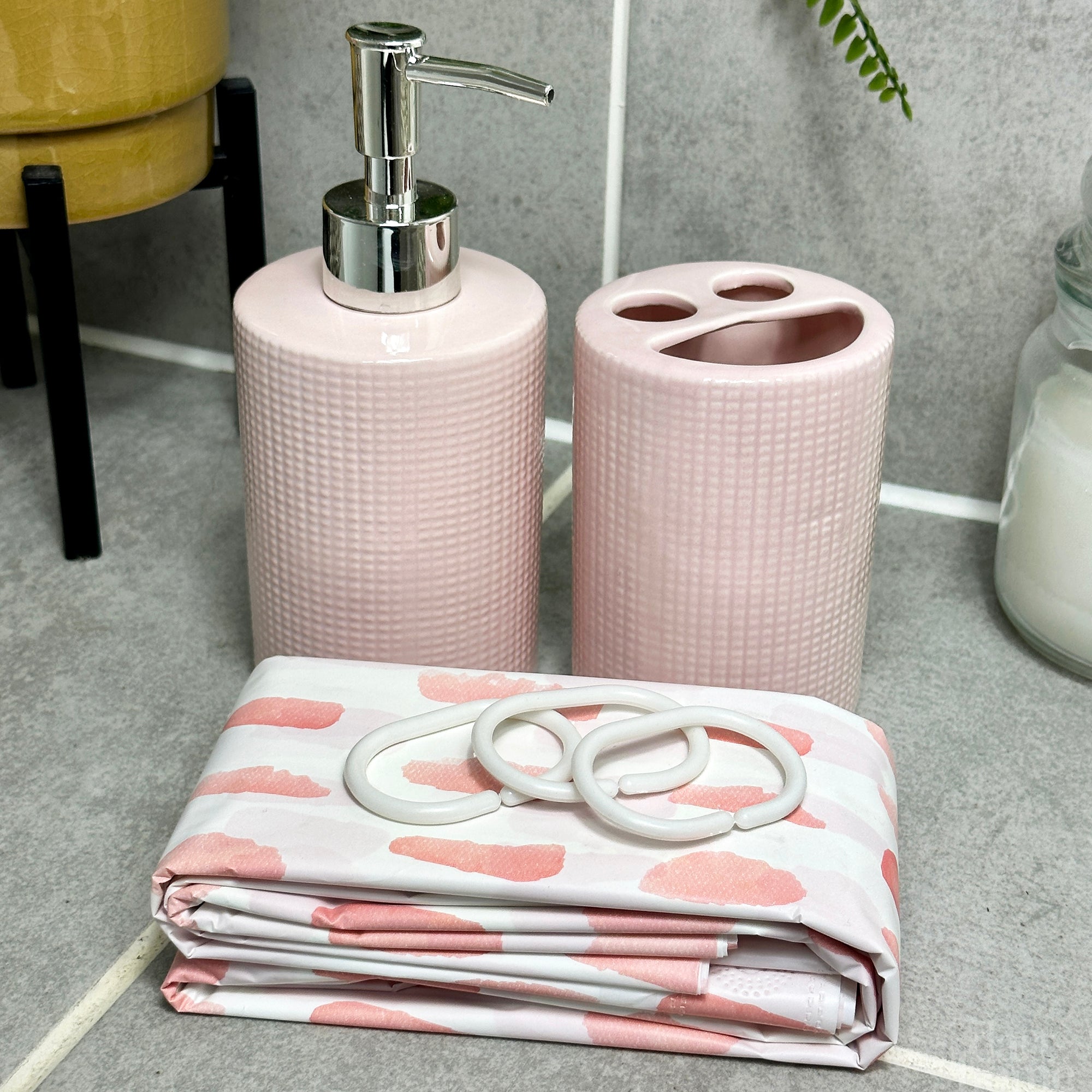 Pink Dimple Bathroom Set With Shower Curtain