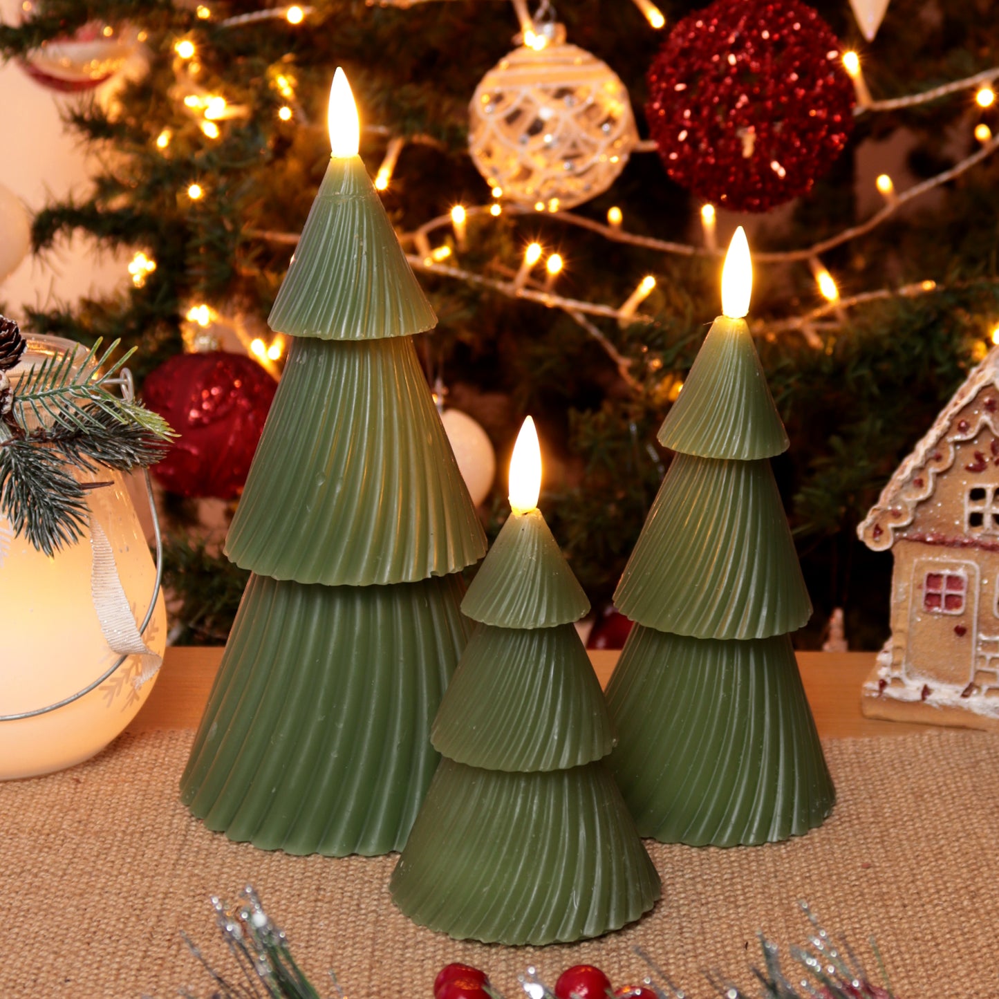 Green Christmas Tree LED Candles Set Of 3