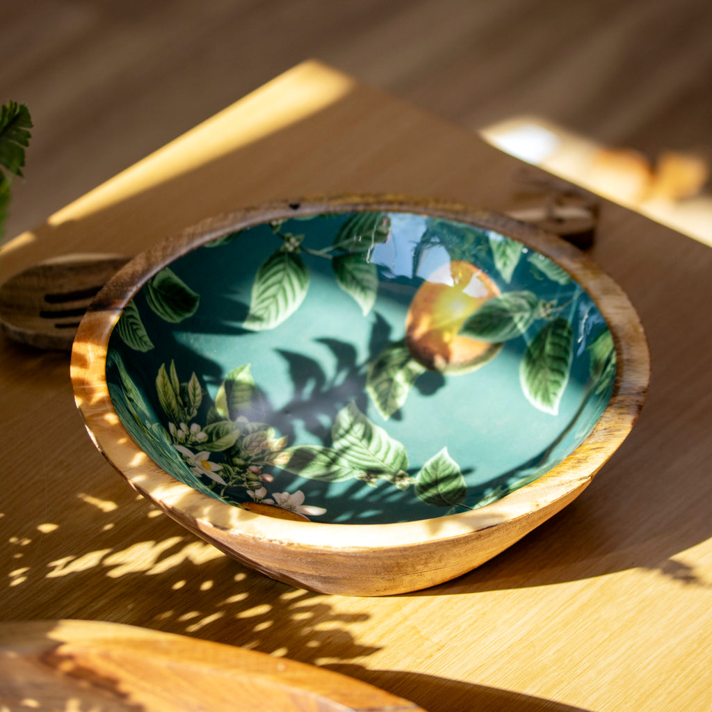 Enamelled Orange Blossom Mango Wood Bowl