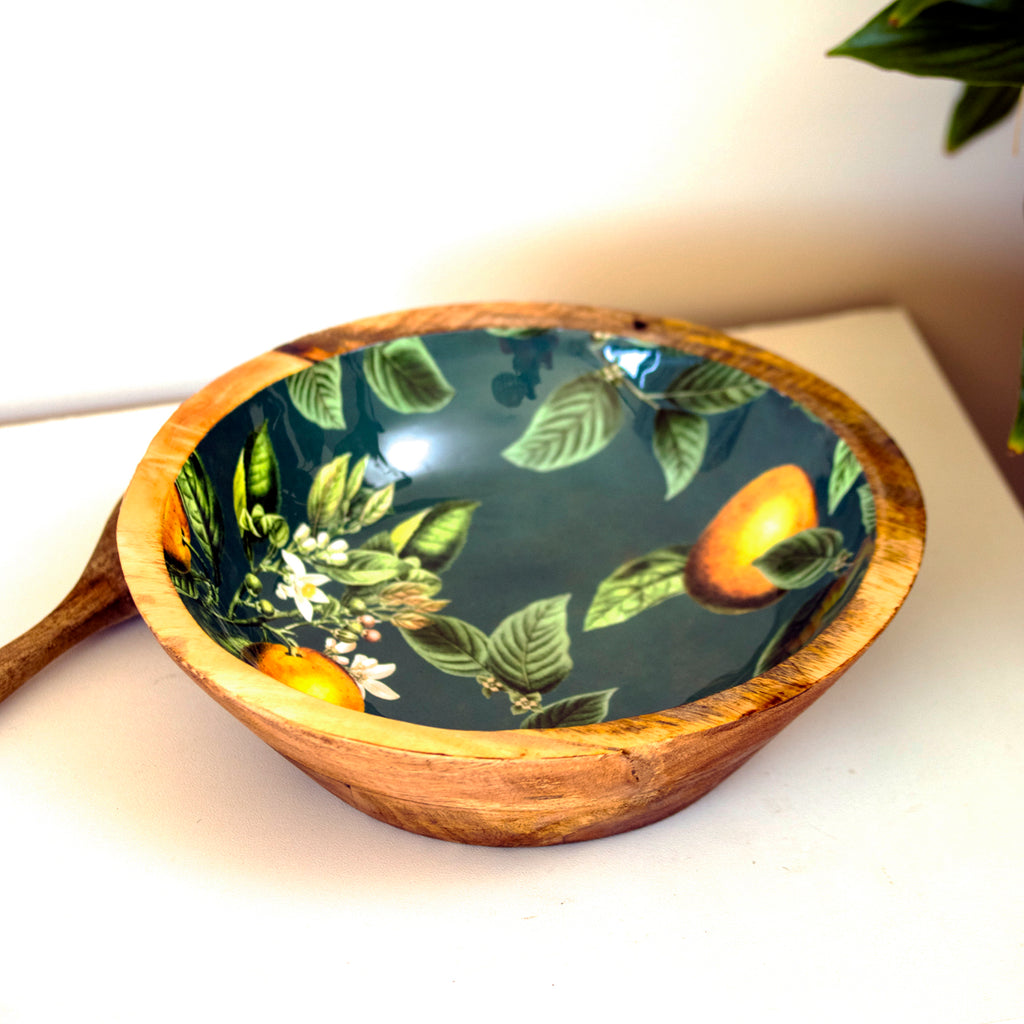 Enamelled Orange Blossom Mango Wood Bowl