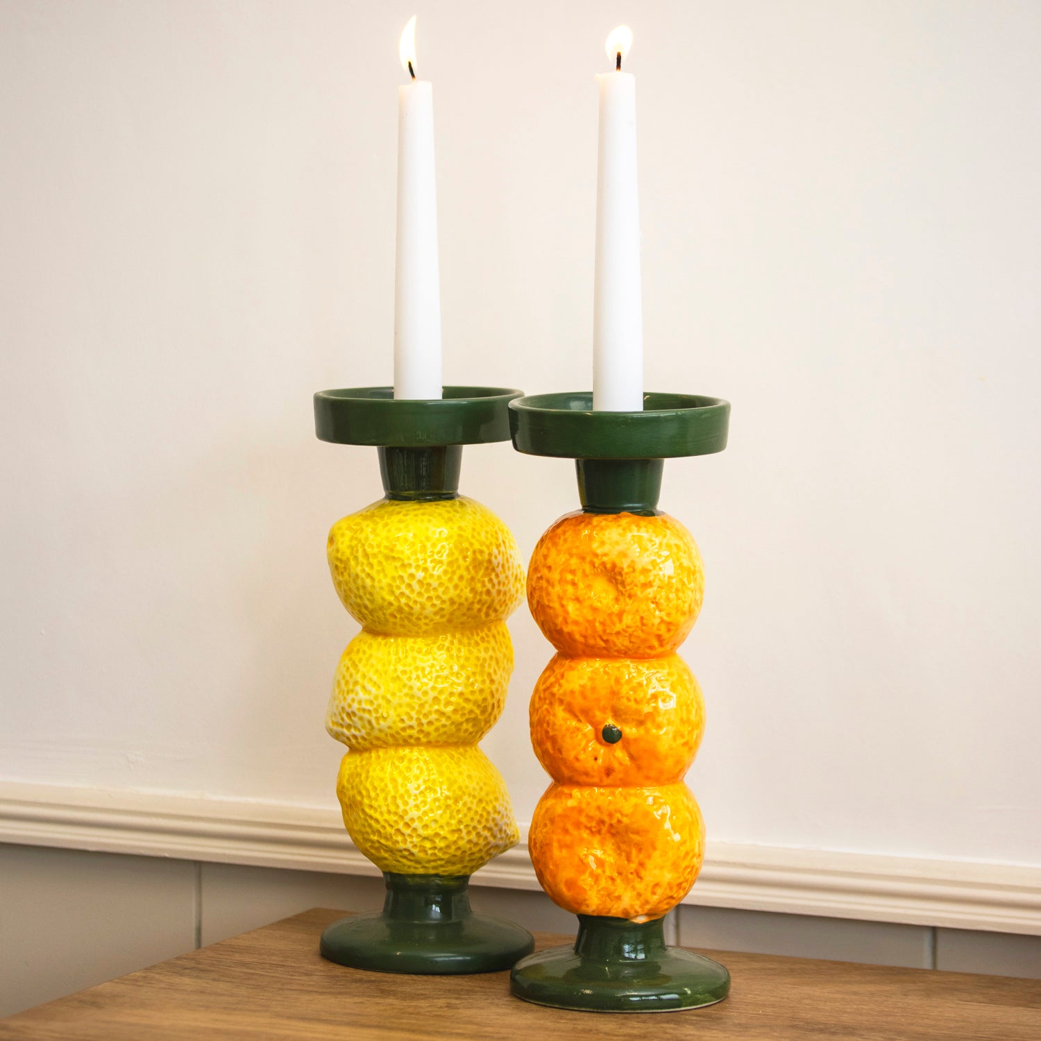 Set Of 2 Lemon & Orange Stack Candelstick Holders