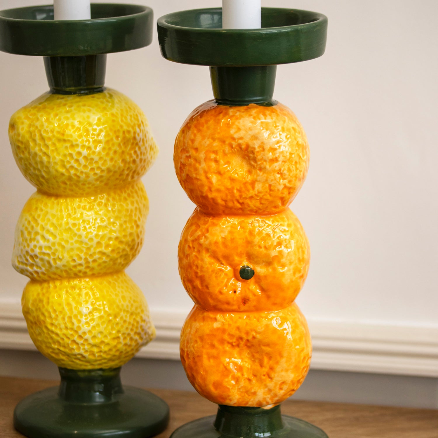 Set Of 2 Lemon & Orange Stack Candelstick Holders