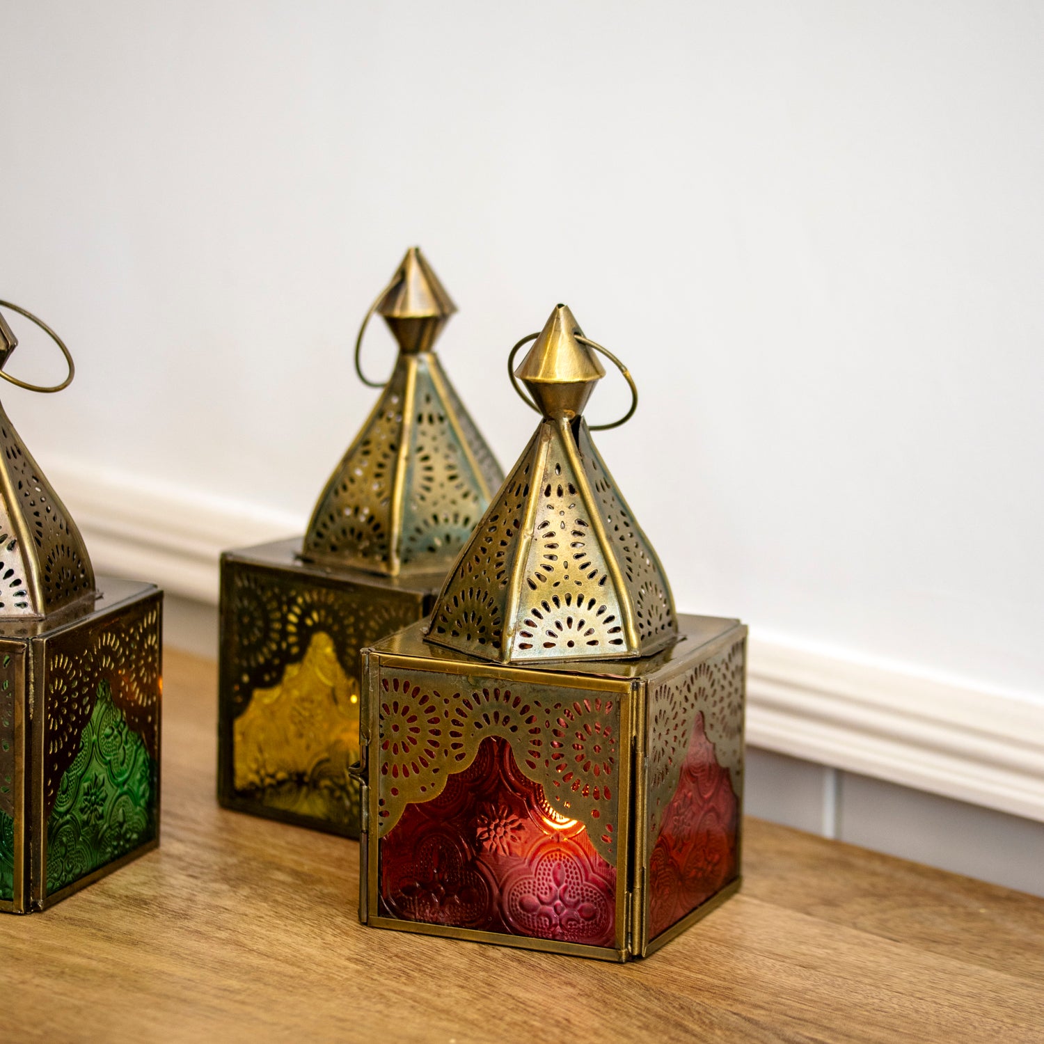 Set Of 4 Multi Glass Square Morrocan Lanterns