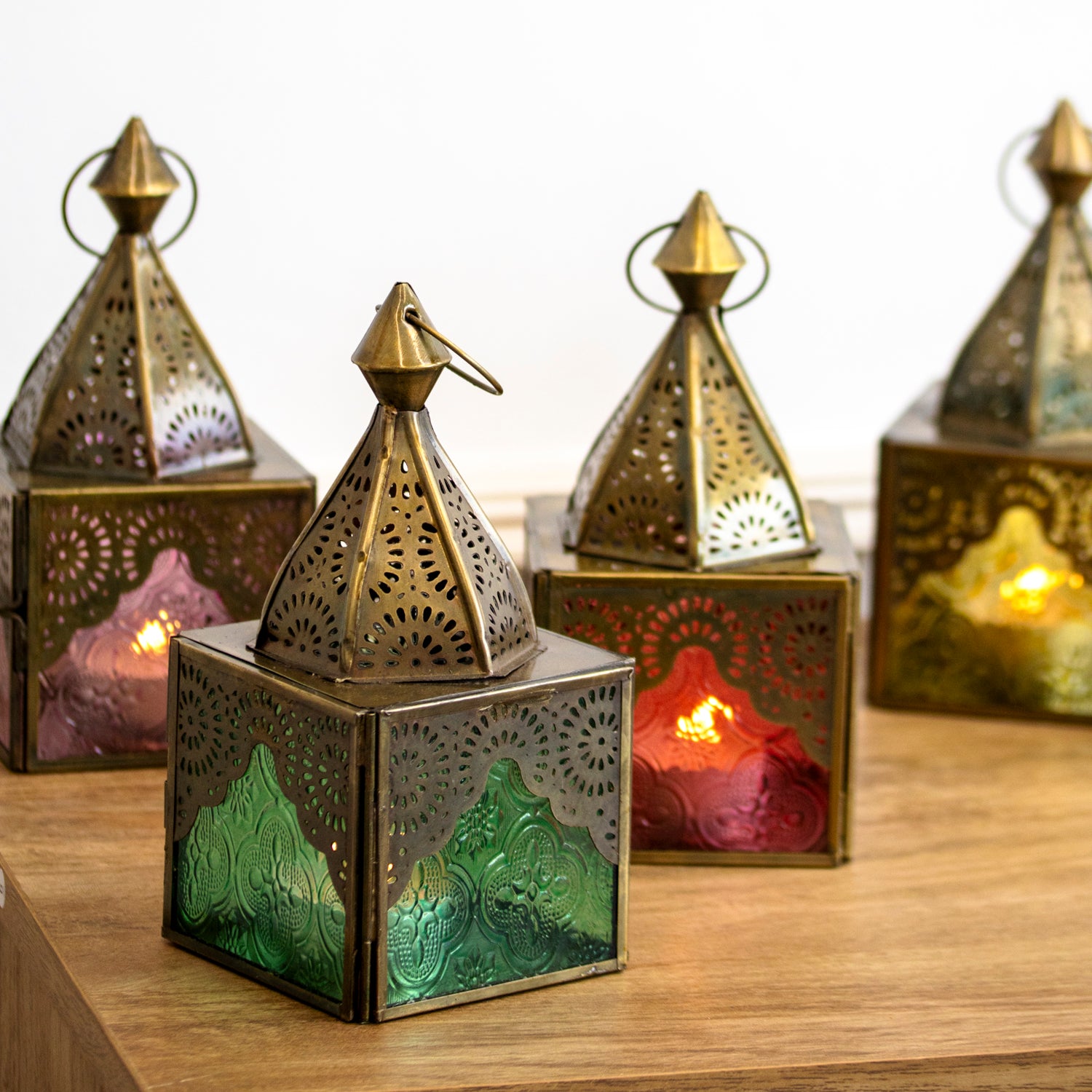 Set Of 4 Multi Glass Square Morrocan Lanterns