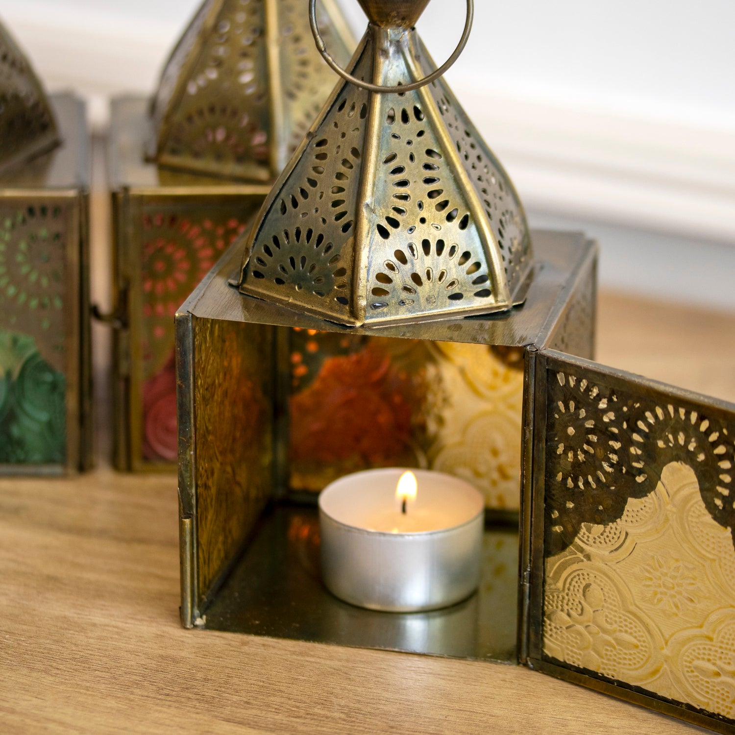 Set Of 4 Multi Glass Square Morrocan Lanterns
