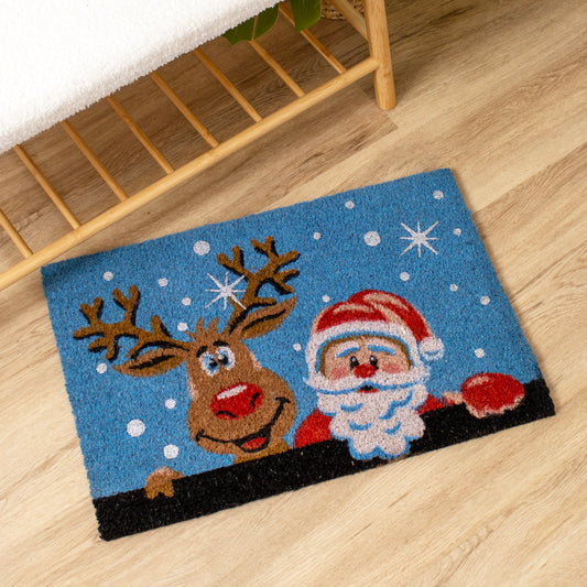 Blue Santa With Rudolph Doormat