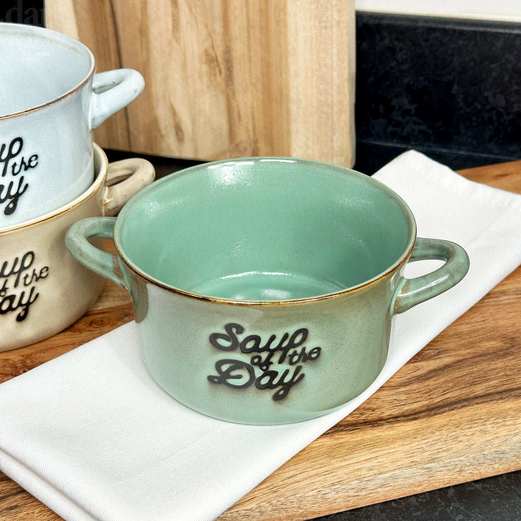 Set mit 3 Suppenschüsseln mit reaktiver Glasur „Soup Of The Day“.